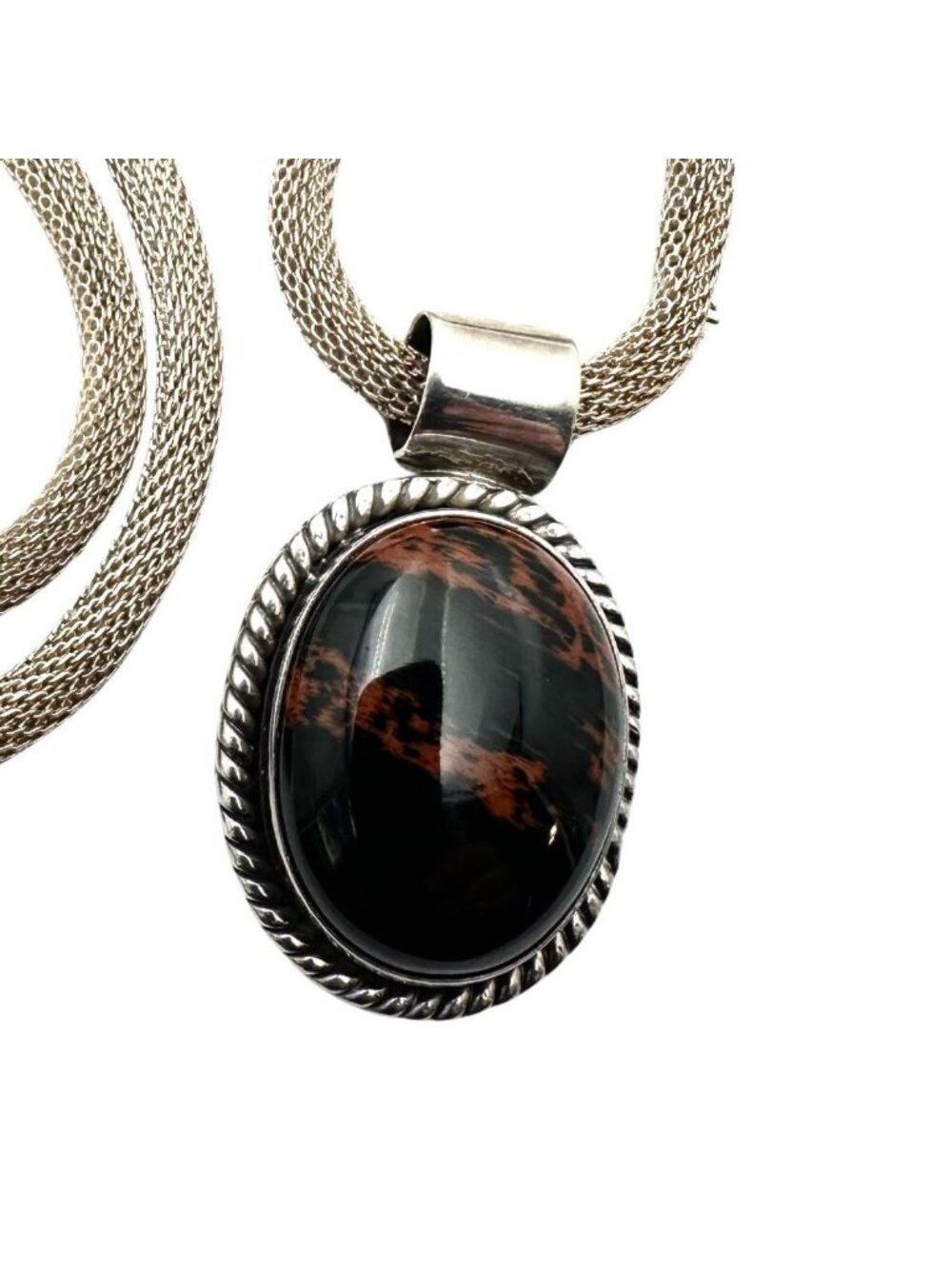 Vintage Taxco Mexico Necklace Mohagany Jasper Sterling Pendant 17 Inch 30 Grams